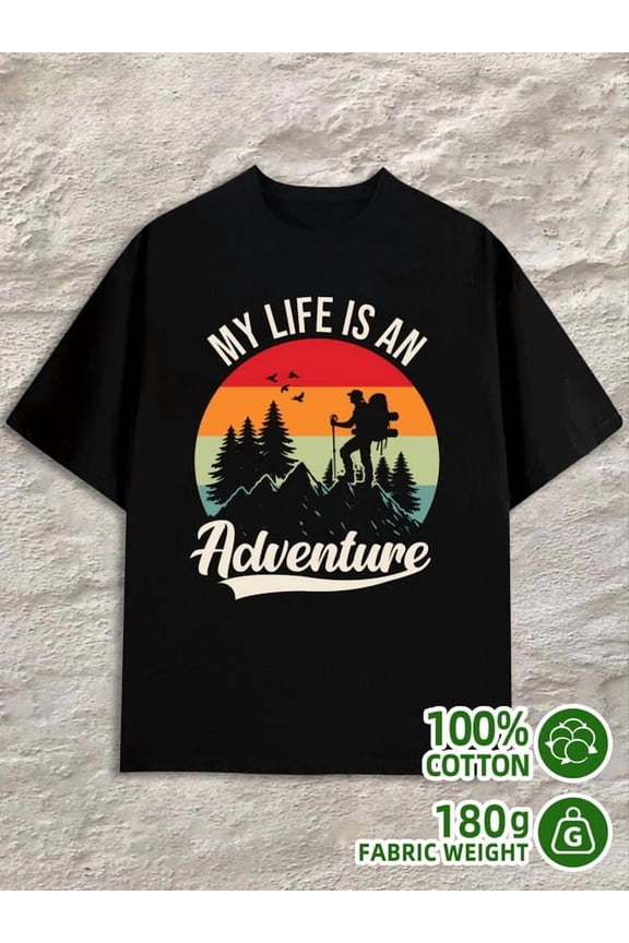 Adventure Life Tee for men 180G 100% Cotton black Basic Unisex Shirt Crewneck tshirts Vintage Unisex Shirt Graphic tshirts Retro Unisex Shirt Graphic tshirts