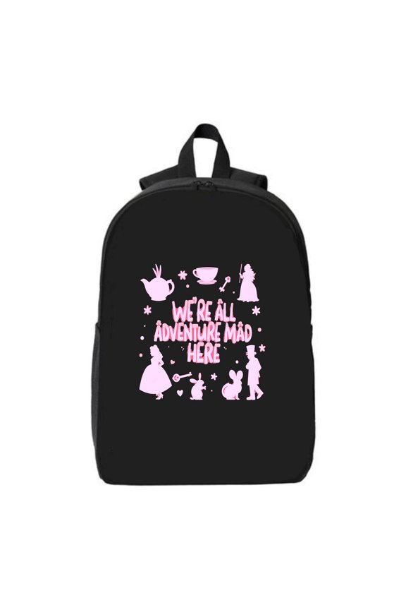 Adventure Mad Here Black Laptop Backpack - 15 " Compatible Pink Silhouettes of Characters Perfect for Travel