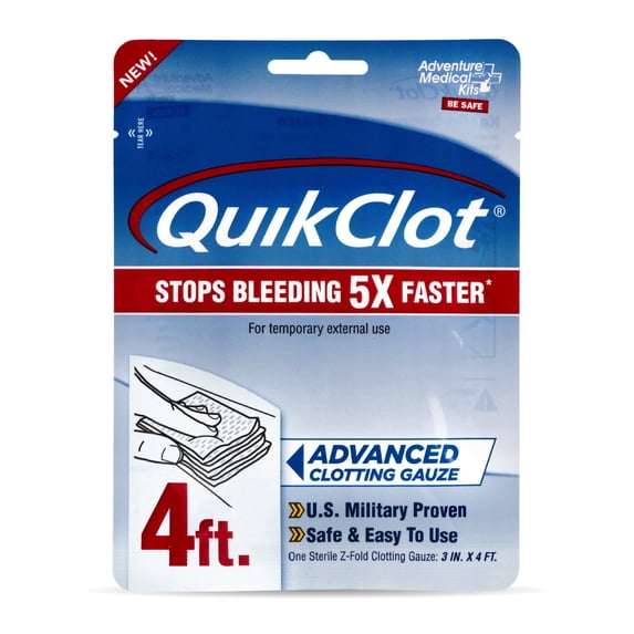 Adventure Medical Kits QuikClot Advanced Clotting Gauze - Stops Bleeding Up to 5x Faster Than Standard Gauze - Kaolin Hemostatic Dressing - For First Aid Kits & Survival Gear - 3 x 48"
