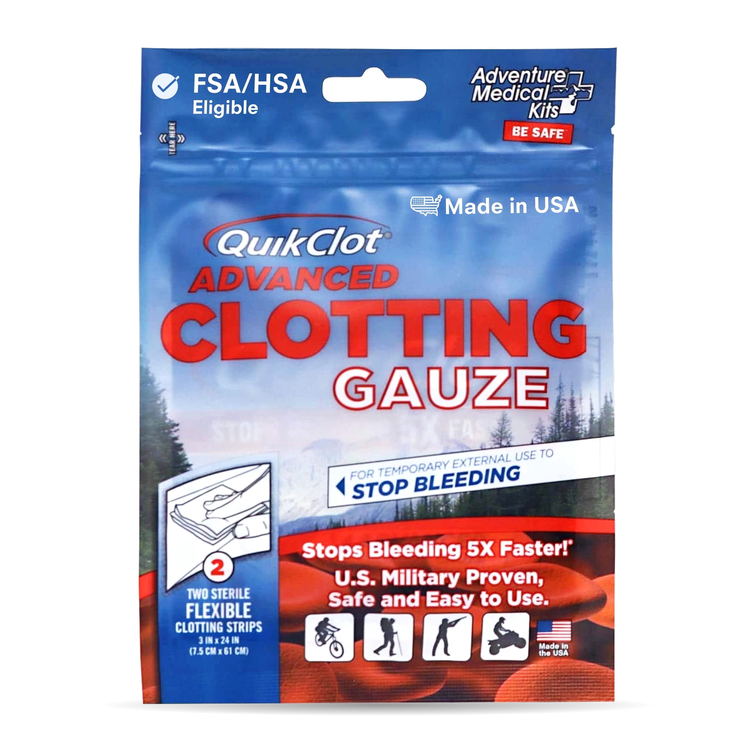 Adventure Medical Kits QuikClot Advanced Clotting Gauze - Stops Bleeding Up to 5x Faster Than Standard Gauze - Kaolin Hemostatic Dressing - For First Aid Kits & Survival Gear - 3 x 24" (2 Strips)