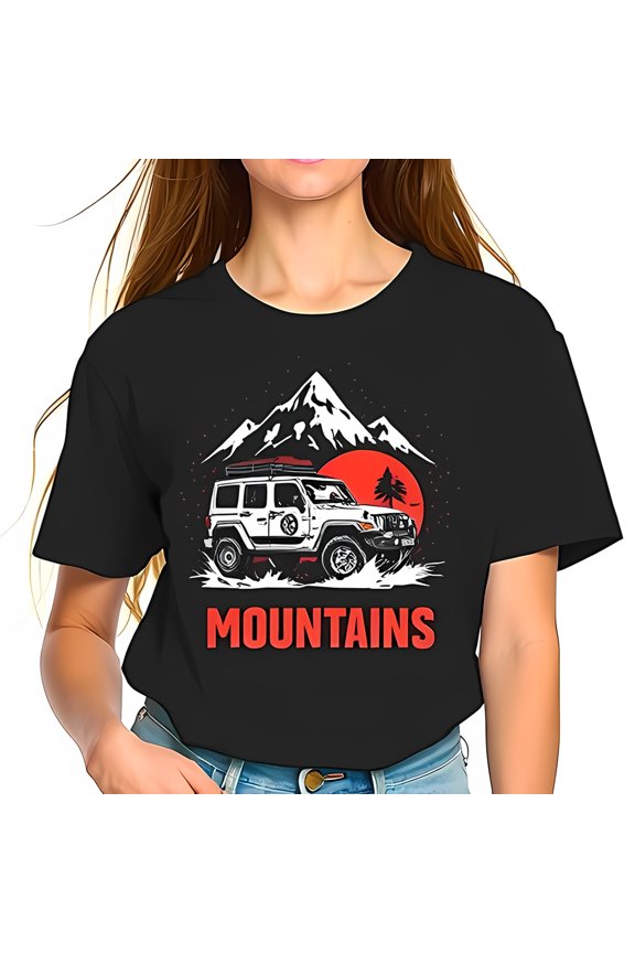 Adventure Mountains Graphic T-Shirt for Women - Relaxed Fit Black Tee with Bold Design