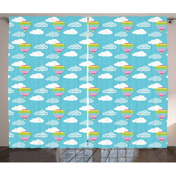 Adventure Nursery Curtains 2 Panels Set, Ornamental Hot Air Balloon Rising Over the Polka Dotted and Dashed Clouds, Window Drapes for Living Room Bedroom, 108W X 108L Inches, Multicolor, by Ambesonne