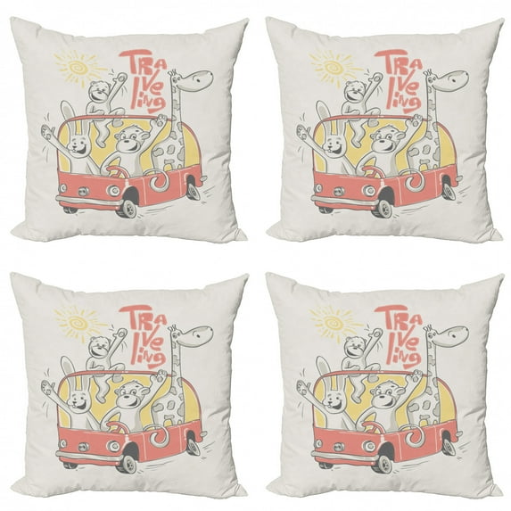 Ambesonne Adventure Throw Pillow Cover 4 Pack, Traveling Animals, 18", Pale Orange and Salmon