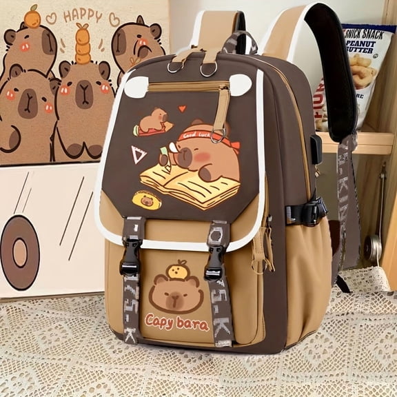 Adventure Preparation | Large Capacity Kawaii Capybara Backpack with Headphone Jack and Charging Port, Durable Nylon, Adjustable Shoulder Straps, Lightweight