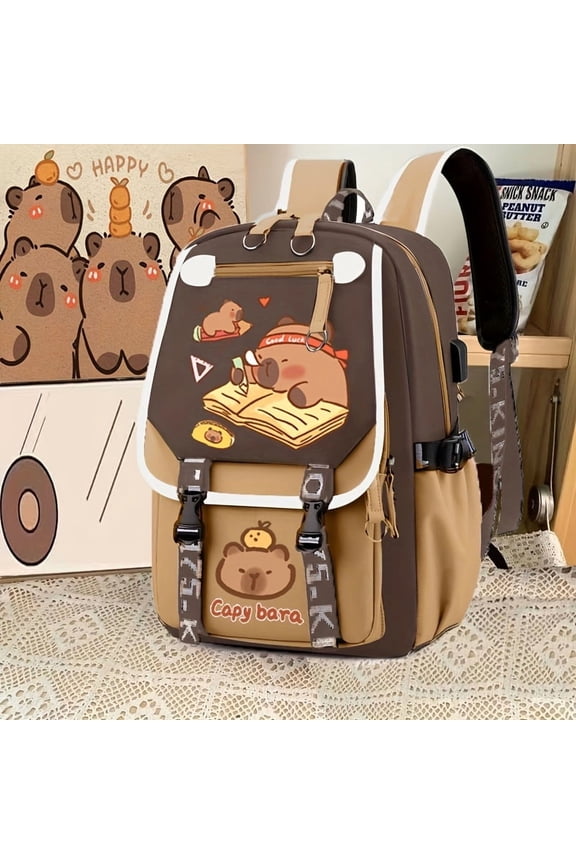 Adventure Preparation | Large Capacity Kawaii Capybara Backpack with Headphone Jack and Charging Port, Durable Nylon, Adjustable Shoulder Straps, Lightweight