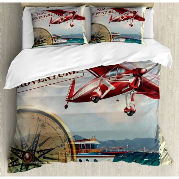 Adventure Queen Size Duvet Cover Set, Real Adventure Quote with Coastline and a Red Airplane Journey Travel Themed Art, Decorative 3 Piece Bedding Set with 2 Pillow Shams, Multicolor, by Ambesonne