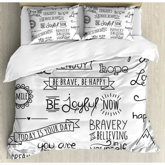 Adventure Queen Size Duvet Cover Set, Various Quotes on Happiness and Self Value Uplifting Phrases Being Who You Are, Decorative 3 Piece Bedding Set with 2 Pillow Shams, Black White, by Ambesonne