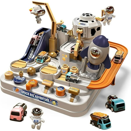 Adventure Race Car Toys, Race Track Playset with Spacecraft Puzzle and Orbital City Rescue, Preschool Educational Track Toys with 3 Cars for Toddler 3+