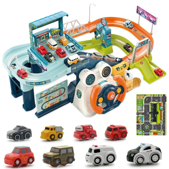 Adventure Racing Playset, Car Tracks Toy Kids Race Tracks with Steering Wheel and Music, Pretend Driving Toys for Kids 3+