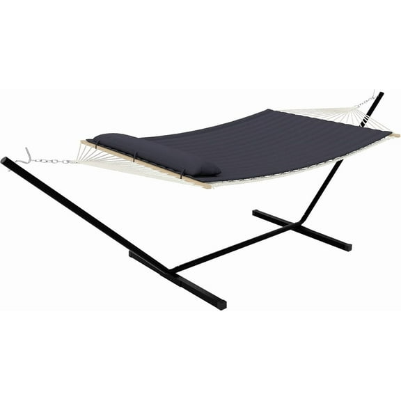 Adventure-Ready Double Hammock with Stand – 2 Person Heavys Duty 475 Lbs Capacity, Breathable Cotton Rope & Quilted Pad for Camping, Backyard, or Indoors (Dark Gray)