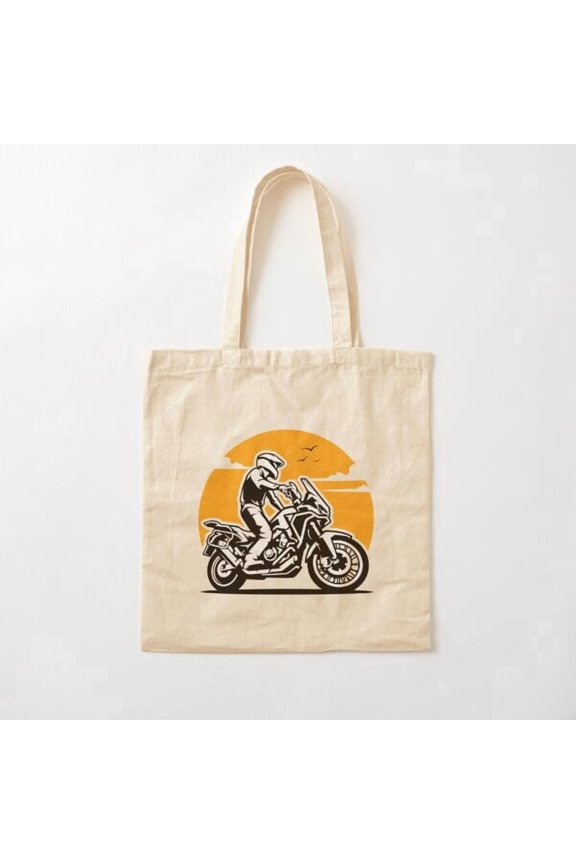 Adventure Rider Motorcycle With Orange Sunset Canvas Tote Bags, Reusable Shopping Bag