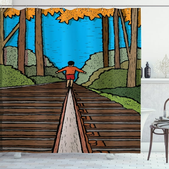 Adventure Shower Curtain, Autumn Kid Exploring Leaf Tree on Railways Forest Colorful Sketch Illustration, Fabric Bathroom Set with Hooks, 69W X 70L Inches, Multicolor, by Ambesonne