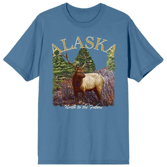 Adventure Society Alaska State Elk Men's Blue Short Sleeve Crew Neck Graphic Tee-Large