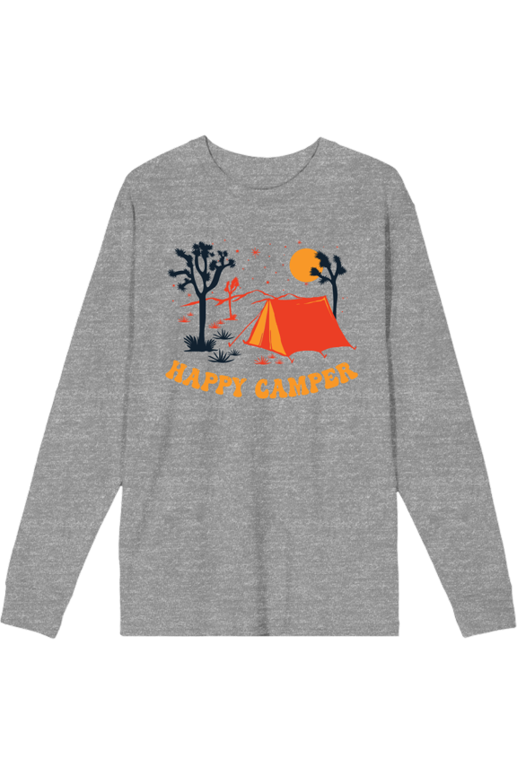 Adventure Society Happy Camper Heather Gray Adult Crew Neck Long Sleeve Tee-XL