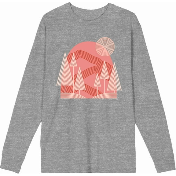 Adventure Society Mountain & Pine Trees Heather Gray Adult Crew Neck Long Sleeve Tee-Small