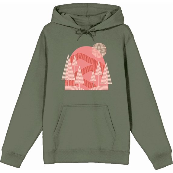 Adventure Society Mountain & Pine Trees Olive Adult Long Sleeve Hoodie-Large