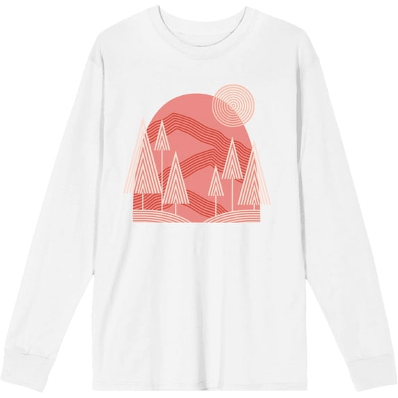 Adventure Society Mountain & Pine Trees White Adult Crew Neck Long Sleeve Tee-Medium