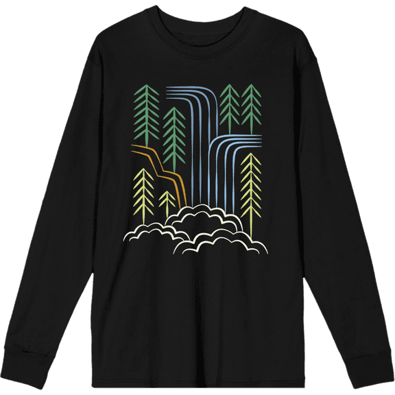 Adventure Society Waterfalls & Pine Trees Crew Neck Long Sleeve Adult Tee-XXL-Black