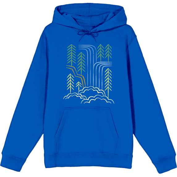 Adventure Society Waterfalls & Pine Trees Long Sleeve Adult Hooded Sweatshirt-Medium-Blue