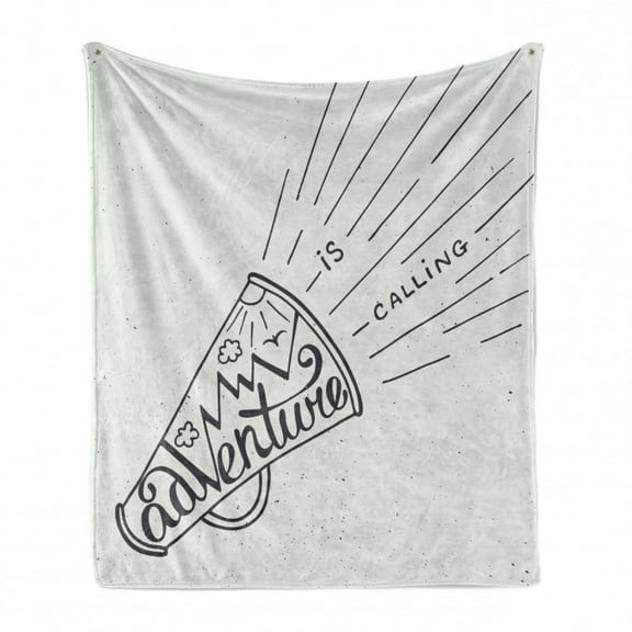 Adventure Soft Flannel Fleece Blanket, Adventure is Calling Mouthpiece Mountains Birds and Sun Black and White Design, Cozy Plush for Indoor and Outdoor Use, 50" x 60", Black White, by Ambesonne