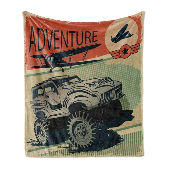 Adventure Soft Flannel Fleece Blanket, Aged Damaged Display with Retro Elements Strong Vehicle and Airplanes Print, Cozy Plush for Indoor and Outdoor Use, 50" x 60", Tan Orange Green, by Ambesonne