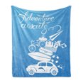 thumbnail image 1 of Adventure Soft Flannel Fleece Blanket, Cursive Written Words with Summer Holiday Items Surfboard Old Car Art on Blue, Cozy Plush for Indoor and Outdoor Use, 70" x 90", Blue and White, by Ambesonne, 1 of 6