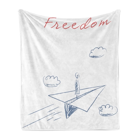 Adventure Soft Flannel Fleece Blanket, Flying Paper Plane in Hand Drawn Sketch Cartoon Style Freedom Text Clouds, Cozy Plush for Indoor and Outdoor Use, 50" x 70", Bluegrey Red White, by Ambesonne