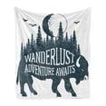 thumbnail image 1 of Adventure Soft Flannel Fleece Blanket, Hand Drawn Buffalo Wanderlust Lettering Forest and Moon Journey Theme, Cozy Plush for Indoor and Outdoor Use, 50" x 60", Dark Petrol Blue White, by Ambesonne, 1 of 5