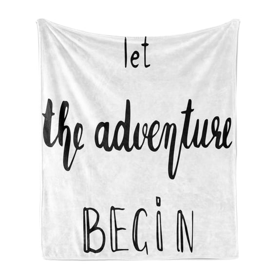 Adventure Soft Flannel Fleece Blanket, Hand Written Style Different Typography Inspirational Words of Wisdom Doodle Art, Cozy Plush for Indoor and Outdoor Use, 50" x 70", Black White, by Ambesonne