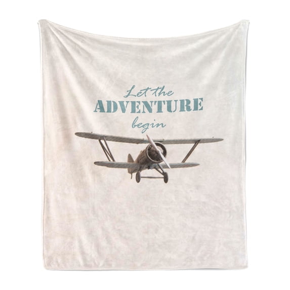 Adventure Soft Flannel Fleece Blanket, Let the Adventure Begin Inscription and Biplane Tropical Summer Vacation, Cozy Plush for Indoor and Outdoor Use, 70" x 90", Cream Turquoise Tan, by Ambesonne
