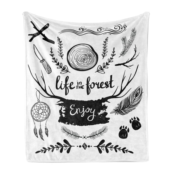 Adventure Soft Flannel Fleece Blanket, Life in the Forest Theme Boho Details Antlers Tree Branches and Feathers, Cozy Plush for Indoor and Outdoor Use, 50" x 60", Charcoal Grey White, by Ambesonne