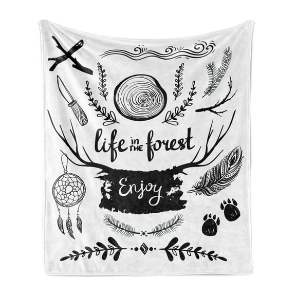 Adventure Soft Flannel Fleece Blanket, Life in the Forest Theme Boho Details Antlers Tree Branches and Feathers, Cozy Plush for Indoor and Outdoor Use, 70" x 90", Charcoal Grey White, by Ambesonne