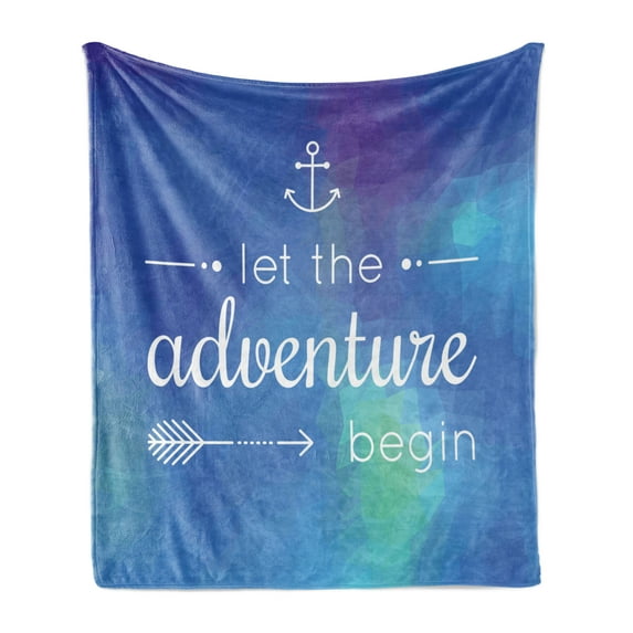 Adventure Soft Flannel Fleece Blanket, Marine Themed Adventure Words on Blue Abstract Mosaic Backdrop Journey, Cozy Plush for Indoor and Outdoor Use, 50" x 60", Royal Blue Sky Blue, by Ambesonne