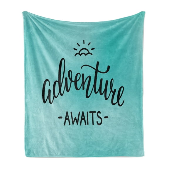 Adventure Soft Flannel Fleece Blanket, Monochrome Simplistic Lettering on a Abstract Pale Blue Backdrop, Cozy Plush for Indoor and Outdoor Use, 70" x 90", Charcoal Grey and Turquoise, by Ambesonne