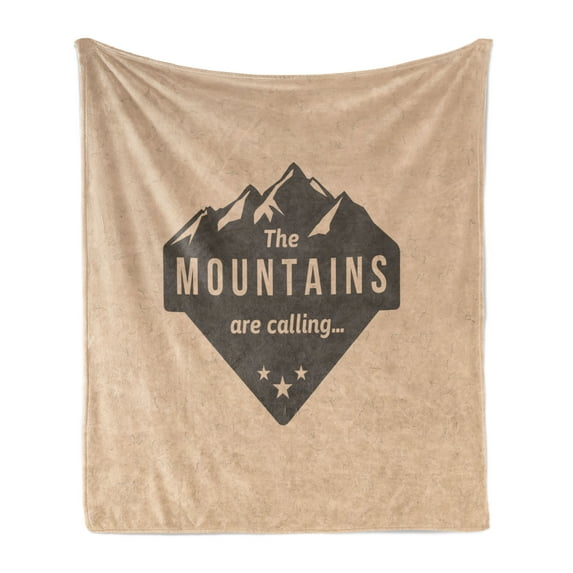 Adventure Soft Flannel Fleece Blanket, Mountains are Calling Words on Peach Backdrop Vintage Style Journey Climbing Art, Cozy Plush for Indoor and Outdoor Use, 70" x 90", Peach Black, by Ambesonne