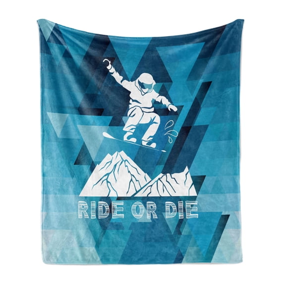 Adventure Soft Flannel Fleece Blanket, Ride or Die Sketch Letters Abstract Fractal Backdrop with Snowboarding Man, Cozy Plush for Indoor and Outdoor Use, 70" x 90", Purple Blue White, by Ambesonne
