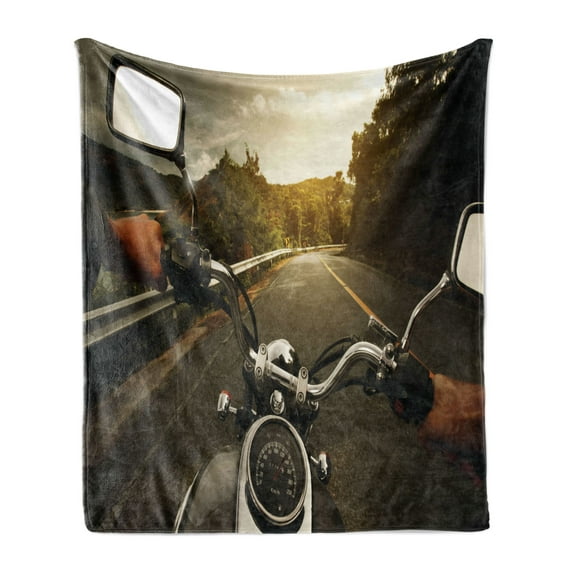 Adventure Soft Flannel Fleece Blanket, Rider Driving a Chopper on Asphalt Road Within Forest Journey Photography, Cozy Plush for Indoor and Outdoor Use, 50" x 70", Forest Green Grey, by Ambesonne