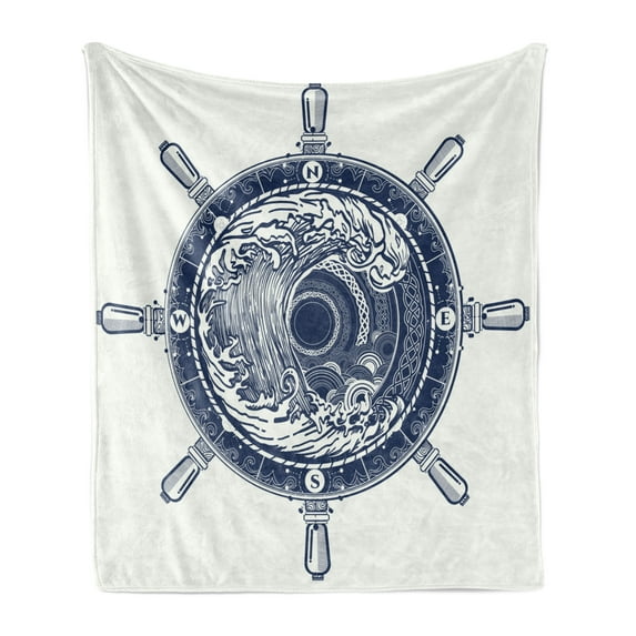 Adventure Soft Flannel Fleece Blanket, Sea Compass and Storm Tattoo Design in Celtic Style Tsunami Waves and Wheel, Cozy Plush for Indoor and Outdoor Use, 50" x 60", Dark Blue White, by Ambesonne