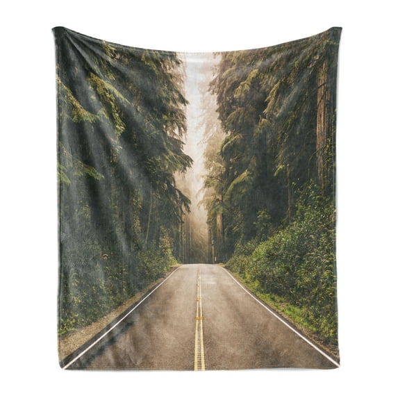 Adventure Soft Flannel Fleece Blanket, Straight Highway in Northern California United States Nature Photography, Cozy Plush for Indoor and Outdoor Use, 50" x 60", Forest Green Grey, by Ambesonne