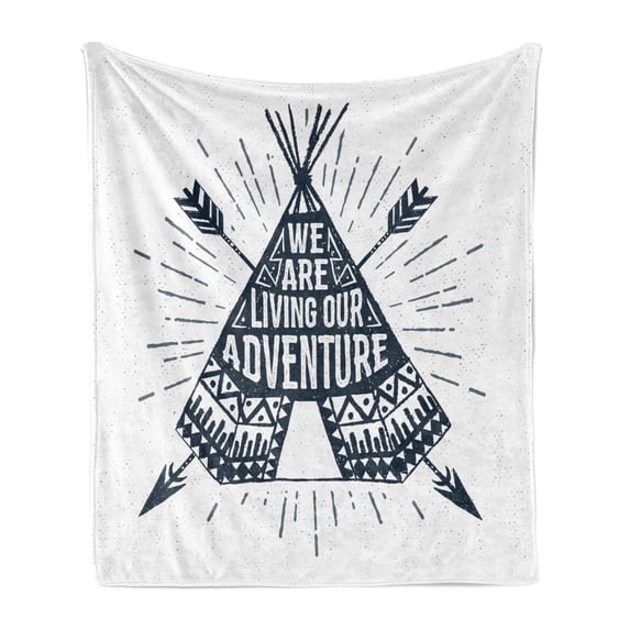 Adventure Soft Flannel Fleece Blanket, Teepee Crossed Arrows We are Living Our Adventure Inspirational Words, Cozy Plush for Indoor and Outdoor Use, 50" x 70", Dark Petrol Blue White, by Ambesonne