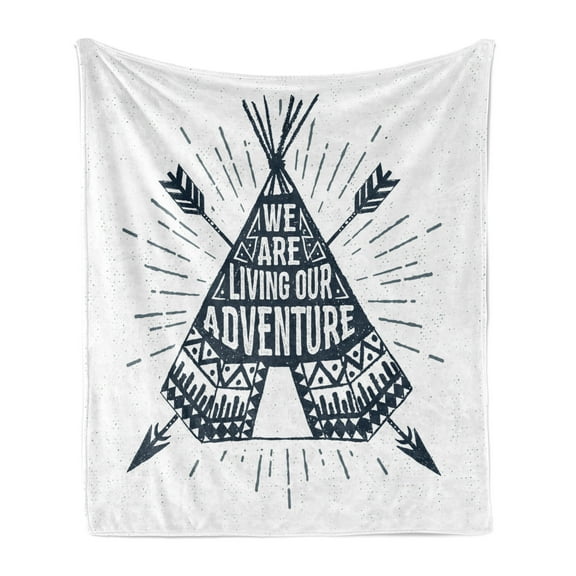 Adventure Soft Flannel Fleece Blanket, Teepee Crossed Arrows We are Living Our Adventure Inspirational Words, Cozy Plush for Indoor and Outdoor Use, 70" x 90", Dark Petrol Blue White, by Ambesonne