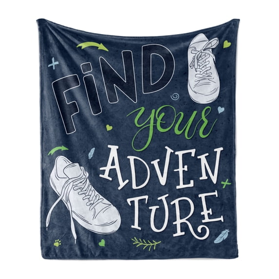 Adventure Soft Flannel Fleece Blanket, Youthful Design Find Your Adventure Words Forest Elements and Sneakers, Cozy Plush for Indoor and Outdoor Use, 50" x 60", Dark Blue Black Green, by Ambesonne