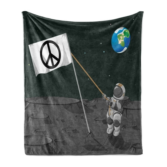 Adventure Soft Flannel Fleece Throw Blanket, Astronaut Setting a Flag on the Moon with the Earth on the Back, Cozy Plush for Indoor and Outdoor Use, 70" x 90", Dark Green Multicolor, by Ambesonne