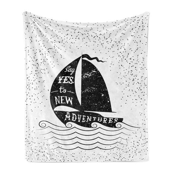 Adventure Soft Flannel Fleece Throw Blanket, Being Open to the New Adventures Words on a Small Boat Marine Journey Theme, Cozy Plush for Indoor and Outdoor Use, 70" x 90", Black White, by Ambesonne