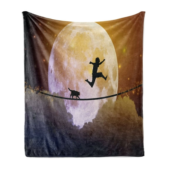 Adventure Soft Flannel Fleece Throw Blanket, Boy and a Cat Walking on a Rope in Front of the Full Moon Imagery Print, Cozy Plush for Indoor and Outdoor Use, 60" x 80", Multicolor, by Ambesonne