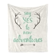thumbnail image 1 of Adventure Soft Flannel Fleece Throw Blanket, Calligraphic Words Antlers and Arrow on Grunge Dotted Backdrop, Cozy Plush for Indoor and Outdoor Use, 50" x 60", Charcoal Grey Sea Green, by Ambesonne, 1 of 5