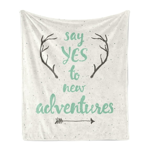 Adventure Soft Flannel Fleece Throw Blanket, Calligraphic Words Antlers and Arrow on Grunge Dotted Backdrop, Cozy Plush for Indoor and Outdoor Use, 70" x 90", Charcoal Grey Sea Green, by Ambesonne