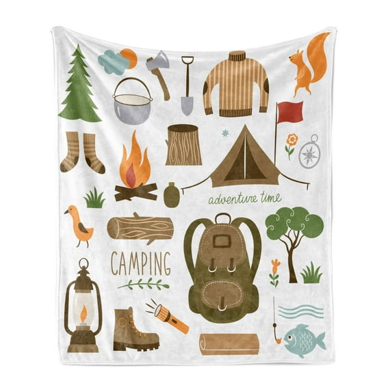 Adventure Soft Flannel Fleece Throw Blanket, Camping Equipment Sleeping Bag Boots Campfire Shovel Hatchet Log Artwork Print, Cozy Plush for Indoor and Outdoor Use, 50" x 70", Multicolor, by Ambesonne