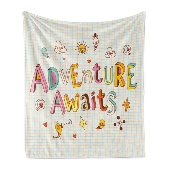 Adventure Soft Flannel Fleece Throw Blanket, Cartoon Style Doodle Words with Little Monsters and Animals Colorful Design, Cozy Plush for Indoor and Outdoor Use, 60" x 80", Multicolor, by Ambesonne