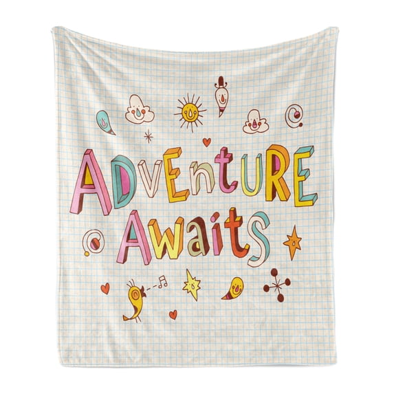 Adventure Soft Flannel Fleece Throw Blanket, Cartoon Style Doodle Words with Little Monsters and Animals Colorful Design, Cozy Plush for Indoor and Outdoor Use, 70" x 90", Multicolor, by Ambesonne